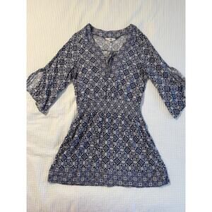 Jack by BB Dakota Dress Blue White Pattern Split Sleeve Mini Boho Bohemian